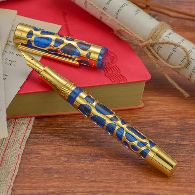 Asvine V169 Vacuum Filling Fountain Pen Extra Fine Nib, Water Drop Skeleton Gold Trim Transparent Blue Acrylic Pen Case Set-DeskLoop Office