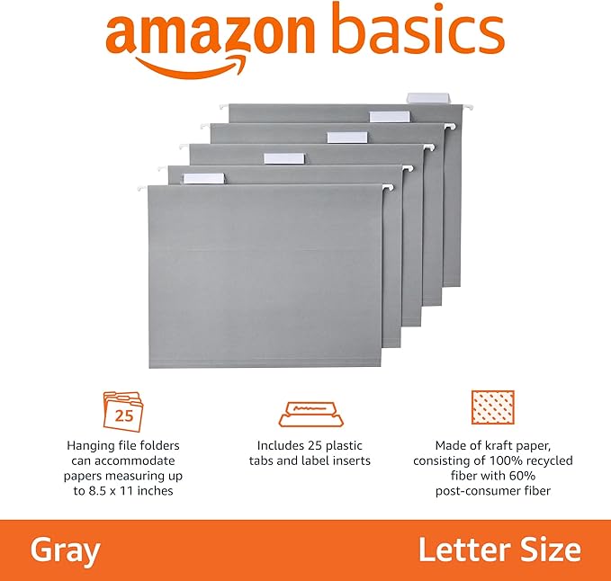 Amazon Basics Hanging File Folders, Letter Size, Gray, 25-Pack-DeskLoop Office