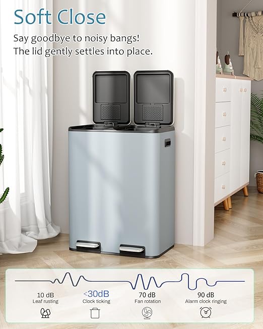 16 Gal (2 x 30 L) Dual Trash Can, Stainless Steel Kitchen Garbage Bin, Recycle Dustbin with Odor Control Box, Soft-Close Lid, Inner Buckets, Side Handle, Step Pedal, for Home Office-DeskLoop Office