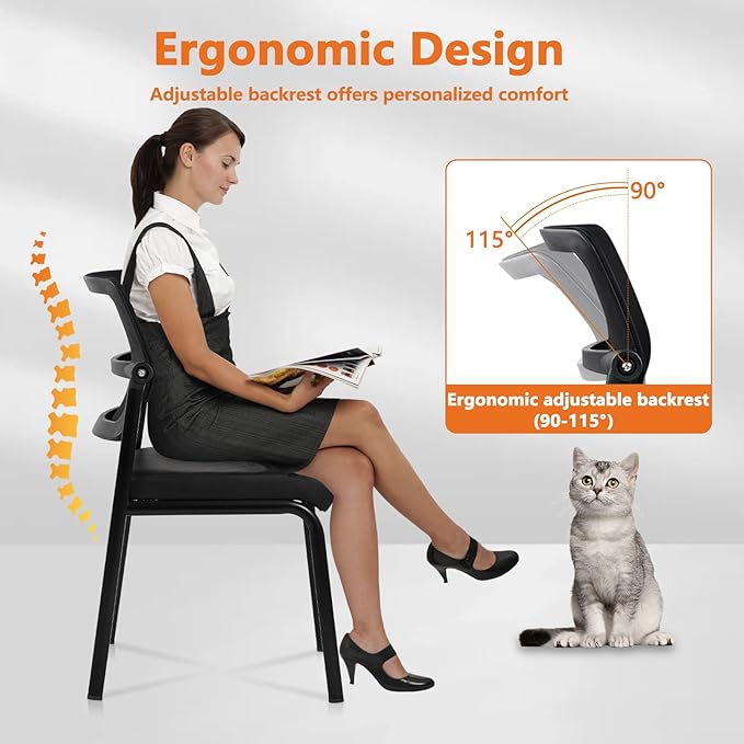 CLATINA Stacking Waiting Room Chairs, Adjustable Mesh Backrest Armless Office Guest Reception Chair with Leather Cushion and Ergonomic Lumbar Support for Conference Lobby Side School Classroom, 4PK-DeskLoop Office