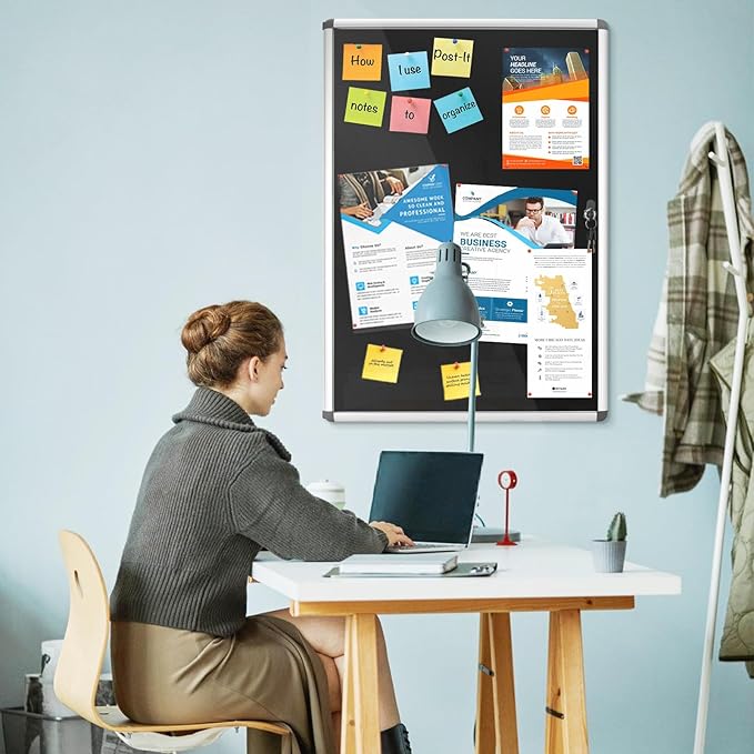 Enclosed Bulletin Board Lockable Display Case Message Board with Locking Door for Indoor, Black Felt, Silver Aluminum Frame, 28x26 inch (6xA4)-DeskLoop Office