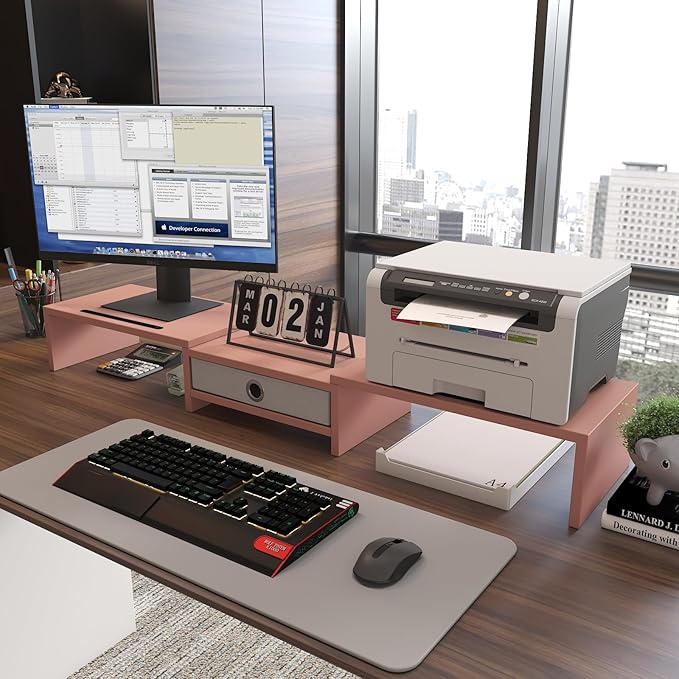 WESTREE Dual 3 Shelf Computer Riser with Drawer, Adjustable Length and Angle, Desktop 2 Monitor Stand Storage Organizer-DeskLoop Office