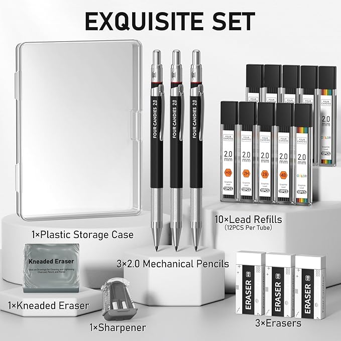 Four Candies 3PCS 2MM Mechanical Drawing Pencils with Case, Metal Art Lead Pencil with 120 Graphite Lead Refills (HB 2H 2B 4B Color), Kneaded Eraser, Sharpener, for Drafting, Drawing, Sketching-DeskLoop Office
