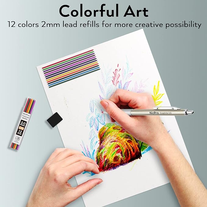 Nicpro 20PCS Metal Mechanical Pencil Set in Leather Case, 0.3 & 0.5 & 0.7 & 0.9 mm & 2mm Lead Pencil Holders, (4B 2B HB 2H) Lead Refills (Black & Colors), Erasers, For Art Drafting Sketching Drawing-DeskLoop Office