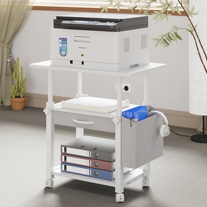 Large 22"x15" Printer Stand, 3-Tier Height Adjustable with Storage Drawer & Side Bag, Rolling Cart for Heat Press/Laser/3D Printer (White)-DeskLoop Office