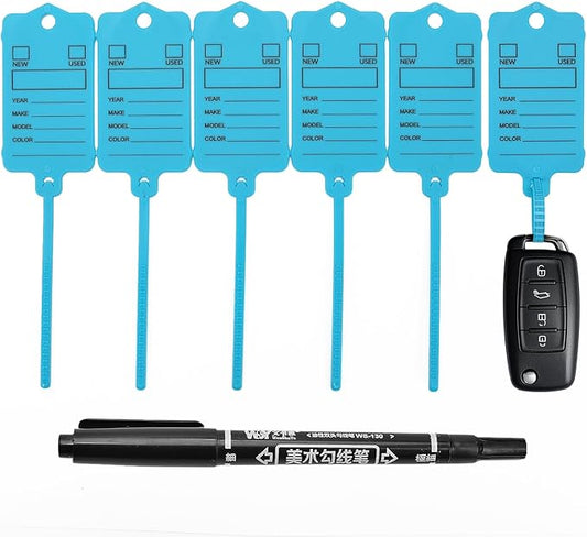 50 Car Key Tags with Labels Plastic Car Dealership Key Tags Self Locking Automotive Identifiers Blank Shop Labels with One Pen (Blue)-DeskLoop Office