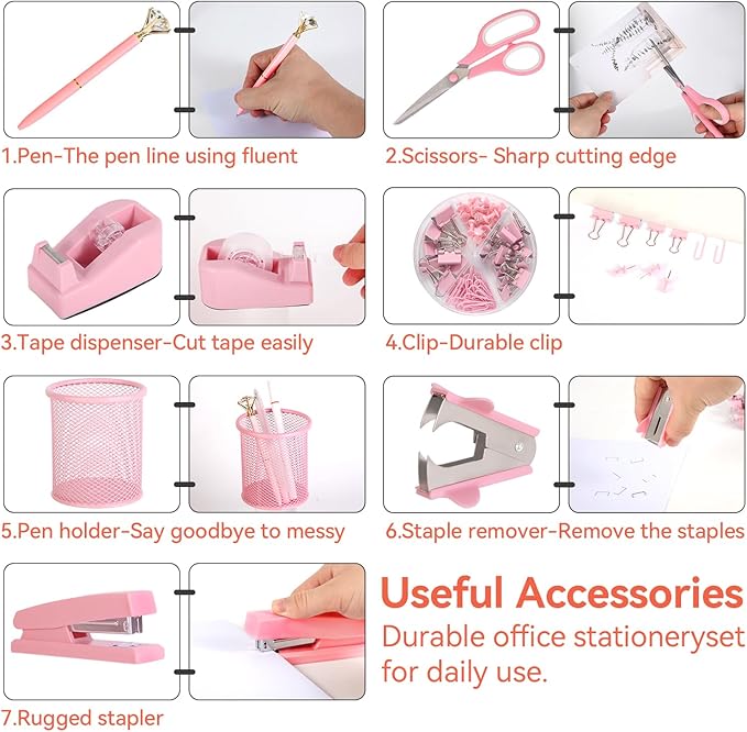 Pink Desk Accessories, Pink Office Supplies Set with Stapler, Tape Dispenser, Staple Remover, Pen Holder, Scissor, Binder/Paper Clips, Ballpoint Pen, Clear Tape and 1000pcs Staples-DeskLoop Office