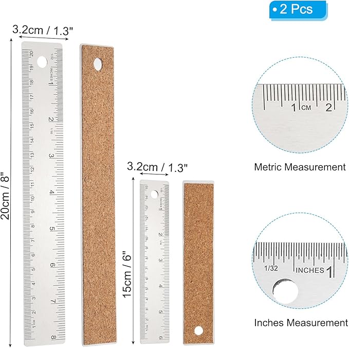 PATIKIL 6, 8 Inch Stainless Steel Ruler Straight Edge Ruler, 2 Pcs Cork Backing Non-Slip Metal Ruler with Inches Centimeter Metric Measuring Tools for Office-DeskLoop Office