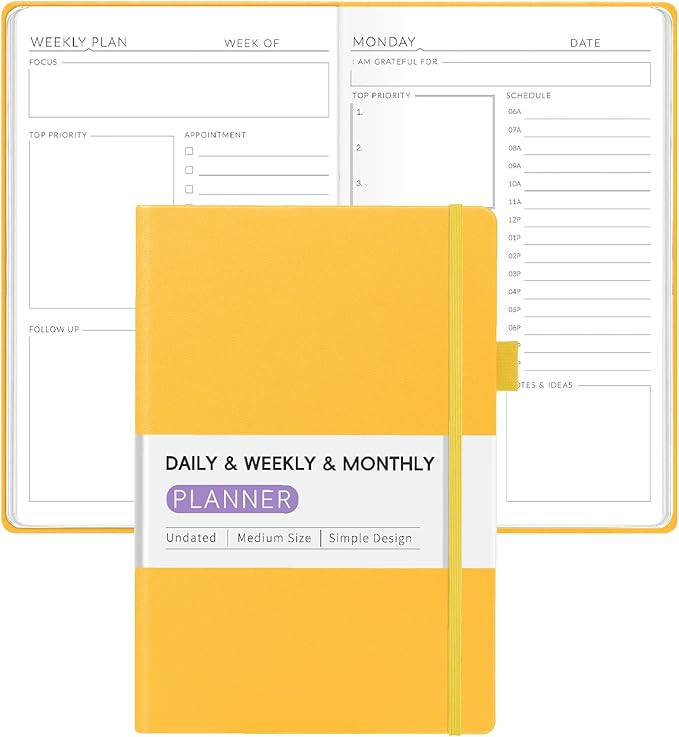 Undated Weekly Planner for 2025, Forvencer Simplified Daily & Weekly & Monthly Calendar Planner, Cute Daily Organizer Notebook, Agenda Journal to Track Goals & Tasks, Start Anytime, A5 Size, Yellow-DeskLoop Office