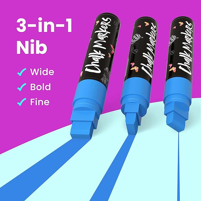 Chalkola Neon Car Window Markers - 10 Chalk Pens (with Gold, Silver) - 3 in 1 Nib, 15mm Jumbo Tip - Washable Liquid Chalk Markers for Blackboard, Chalkboard, Glass, Cars - Erasable Window Glass Pens