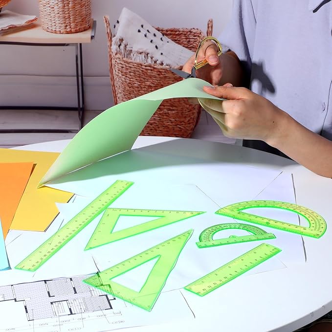 Tenare 6 Pcs Plastic Ruler Math Set Includes 12 Inch 6 Inch Straight Protractor Triangle Geometry Transparent Math Ruler Measuring Tools for School Office Home(Green)-DeskLoop Office