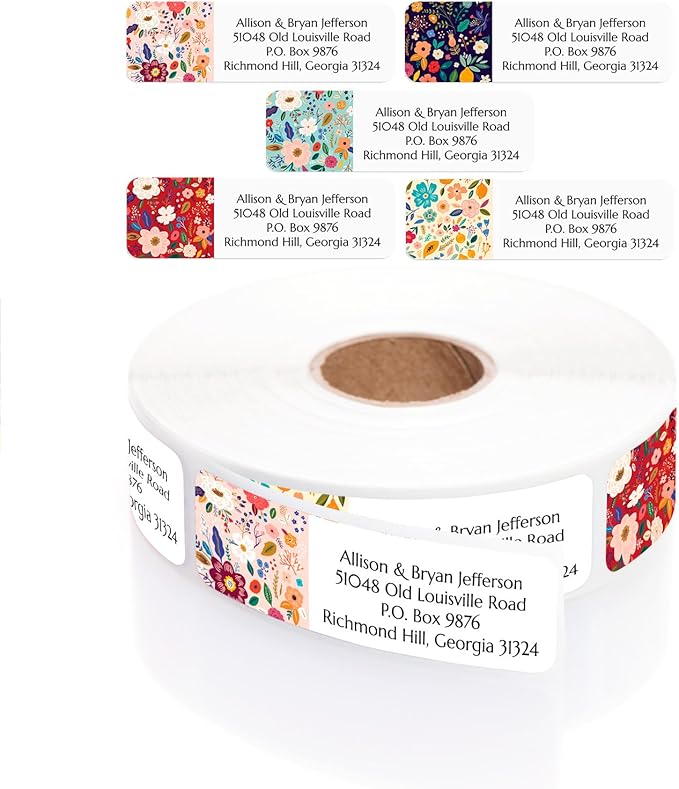 Multi-Floral Print Rolled Address Labels / 500 Personalized Return Address Labels/Designer Address Stickers in Elegant Plastic Dispenser-DeskLoop Office