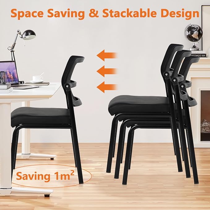 CLATINA Stackable Waiting Room Chair with Adjustable Mesh Backrest, Armless Office Guest Reception Chairs with Leather Cushion and Ergonomic Lumbar Support for Conference Lobby Side School, Black, 2PK-DeskLoop Office