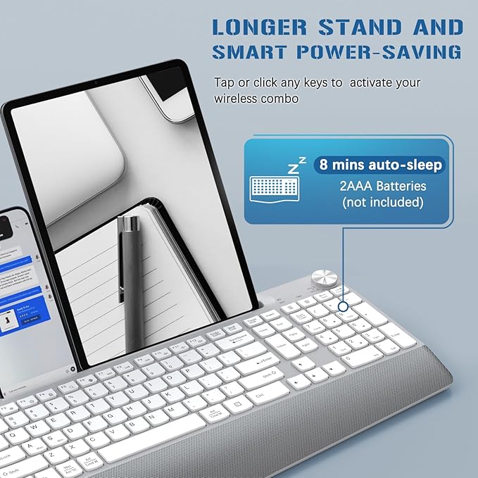 JOYACCESS Ergonomic Wireless Keyboard, 2.4GHz Cordless USB Full-Size Keyboard with Wrist Rest, Quiet Design & Numeric Keypad, Phone Holder for Desktop, Laptop, PC, Mac, Windows -Silver White-DeskLoop Office