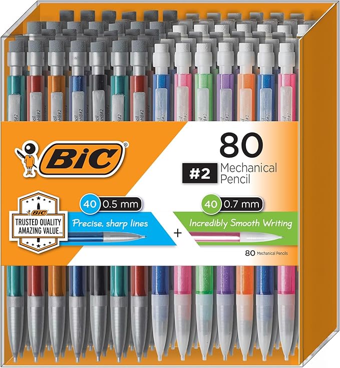 BIC Mechanical Pencils 0.7mm & 0.5mm, #2 EXTRA SMOOTH with Various Color Barrels - Two Assorted Sizes, 80 Pack-DeskLoop Office