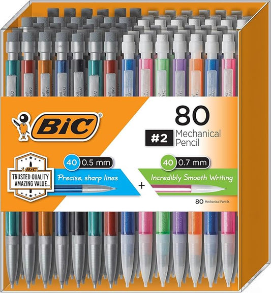 BIC Mechanical Pencils 0.7mm & 0.5mm, #2 EXTRA SMOOTH with Various Color Barrels - Two Assorted Sizes, 80 Pack-DeskLoop Office