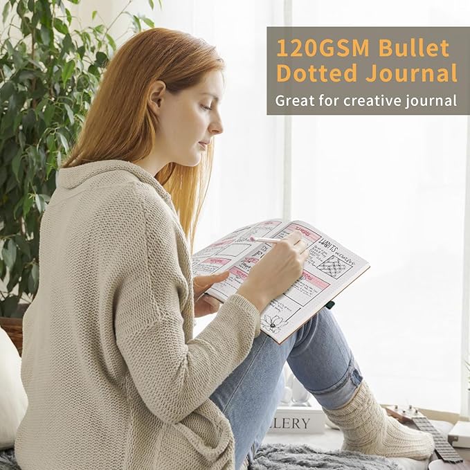 AHGXG Bullet Dotted Journal - Dot Grid Notebook Journal, 120 GSM Thick Acid-Free Paper, Large B5 Dotted Notebook 96 Pages, Leather Softcover, Inner Pocket, Journal Stencil, 7.6'' X 10'' - Rose Gold-DeskLoop Office