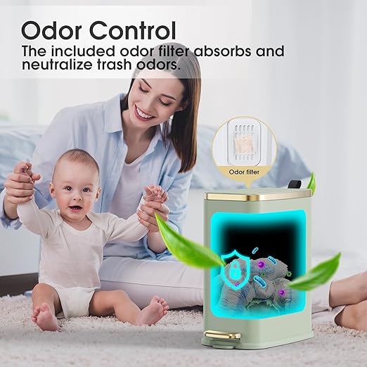 CEROELDA Small Bathroom Trash Can with Lid Soft Close-5L/1.3 Gal Slim Garbage Can-Metal Step Wastebasket-Rectangle Narrow Waste Bin for Office, Bedroom, Toilet, Live Room-Green-DeskLoop Office