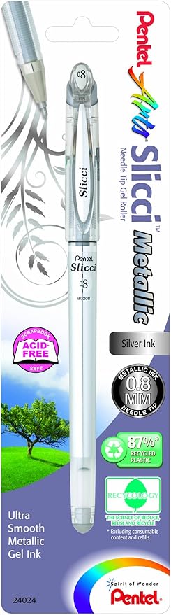 Pentel Arts Slicci Metallic 0.8 mm Needle Tip Gel Pen, Silver Ink, 1 Pack (BG208BPZ)-DeskLoop Office