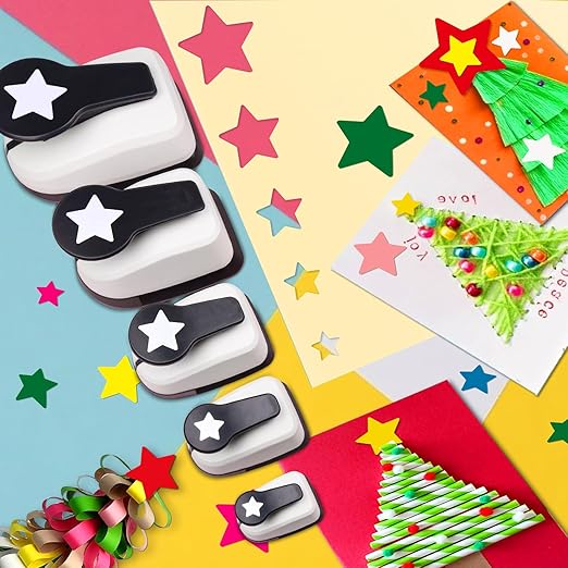 Star Hole Punch, Star Punches for Paper Crafts, Stars Paper Puncher Shape, 1 inch Stars Punch for Crafting, Large Hole Puncher, Scrapbook Punches 2 in, 1.5 in, 1 in, 5/8 in, 3/8 in - 5 Pcs-DeskLoop Office