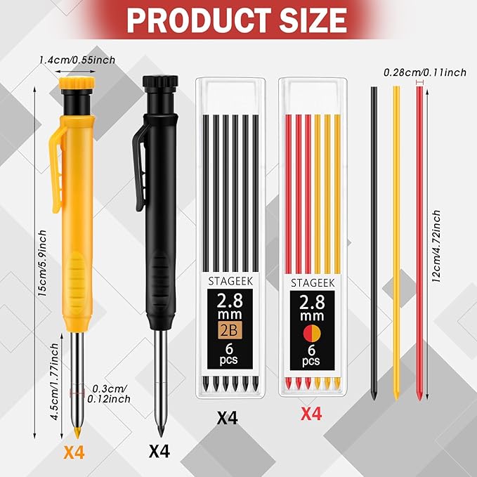 8 pack 2.8mm Mechanical Carpenter Pencils with 48 Refills, Construction Pencils with Built-in Sharpener, Long Nib Deep Hole Marker, Heavy Duty Woodworking Tools (Black+yellow)-DeskLoop Office