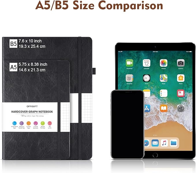 Graph Paper Notebook, 312 Numbered Pages Large A4 Hardcover Leather Journal, 100gsm No Bleed Grid Paper Notebook with Index Pages, Squared Grid Notebook for Graphing Notes Math, 8.5'' × 11'', Brown-DeskLoop Office