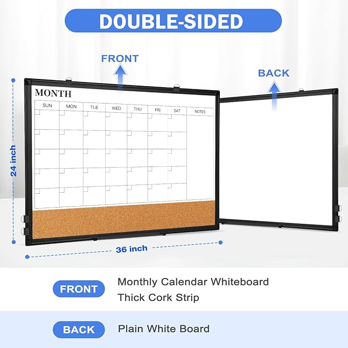 Monthly Calendar Whiteboard Dry Erase Cork Board Combo for Wall, 36" x 24" Magnetic Double-Sided Calendar White Board and Bulletin Board, Portable Board for Office, Kitchen, School, Home-DeskLoop Office
