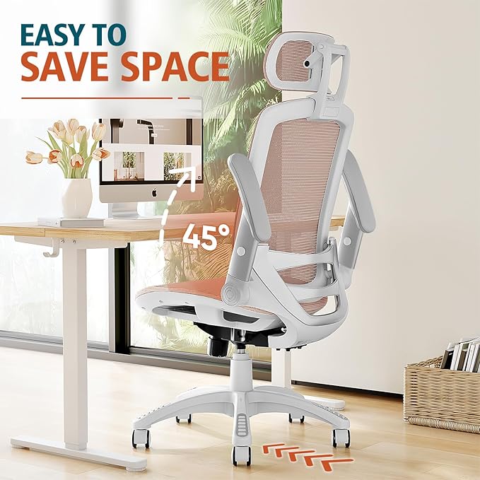 GABRYLLY Ergonomic Office Chair, High Back Home Desk Chair with Headrest, Flip-Up Arms, 90-120° Tilt Lock and Wide Cushion, 400LBS Mesh Chairs for Man Woman, White Task Chair(Pink,GY01WPK)-DeskLoop Office