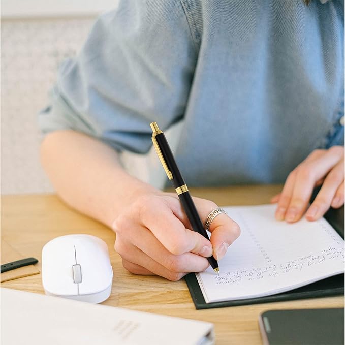 LINFANC 4 Pack Ballpoint Pens, Premium Retractable Metal Ballpoint Pen, Matte Black with Gold Trim, Medium Point 1.0mm Black Ink Pen for Home School Work Office Supplies, Extra 4 Refills-DeskLoop Office