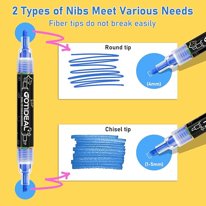 GOTIDEAL Chalk Markers Dual Tips,Erasable Liquid Chalk Marker for Blackboard,Washable Chalk Pens for Auto,Car,Glass,Mirror,Chalkboard,Window markers,24 Colors Chalk Board Markers with Metallic Colors-DeskLoop Office
