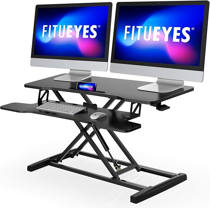 FITUEYES Height Adjustable Standing Desk 36” Wide Sit to Stand Converter Stand Up Desk Tabletop Workstation for Dual Monitor Riser FSD309101WB-DeskLoop Office