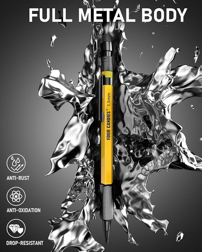 Four Candies 1.3mm Mechanical Pencil Set with 24 Lead Refills, Metal Weatherproof Heavy Duty Outdoor Carpenter Pencil, Eraser, 6 Eraser Refills for Architect Drafting Woodworking Marking with Case-DeskLoop Office