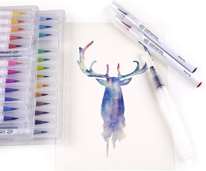 CHROMATEK 30 Watercolor Brush Pens - 15 Page Tutorial Pad and Online Video Series - Real Brush Tip, Vivid, Blendable - Professional Artist Quality - 27 Colors - 3 Aquapens-DeskLoop Office