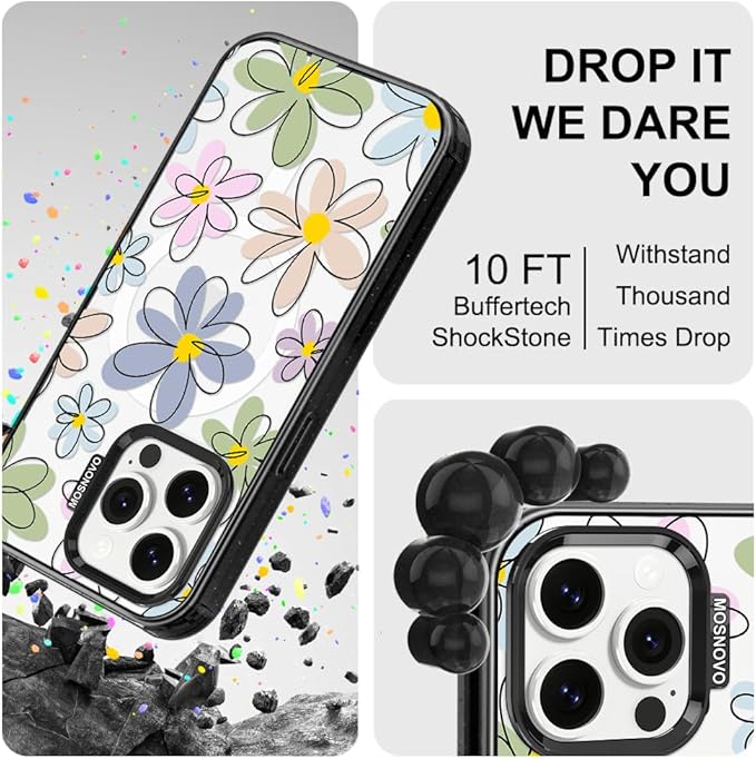 MOSNOVO Magnetic Case for iPhone 14 Pro Max, 10ft Military-Grade Protection, Compatible with Magsafe, Shockproof Phone Case for iPhone 14 Pro Max - Linear Blooms - Clear Black-DeskLoop Office