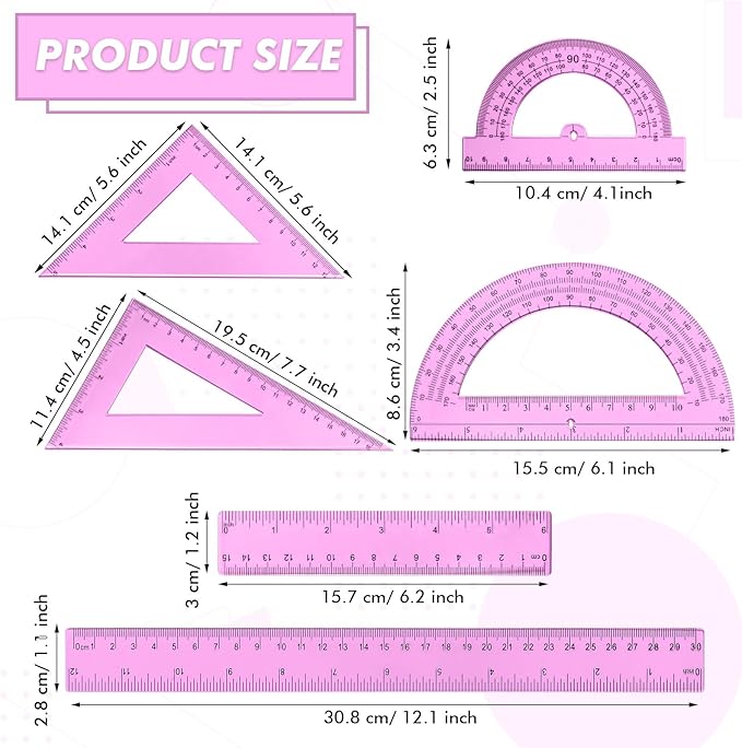 Tenare 6 Pcs Plastic Ruler Math Set Includes 12 Inch 6 Inch Straight Protractor Triangle Geometry Transparent Math Ruler Measuring Tools for School Office Home(Pink)-DeskLoop Office