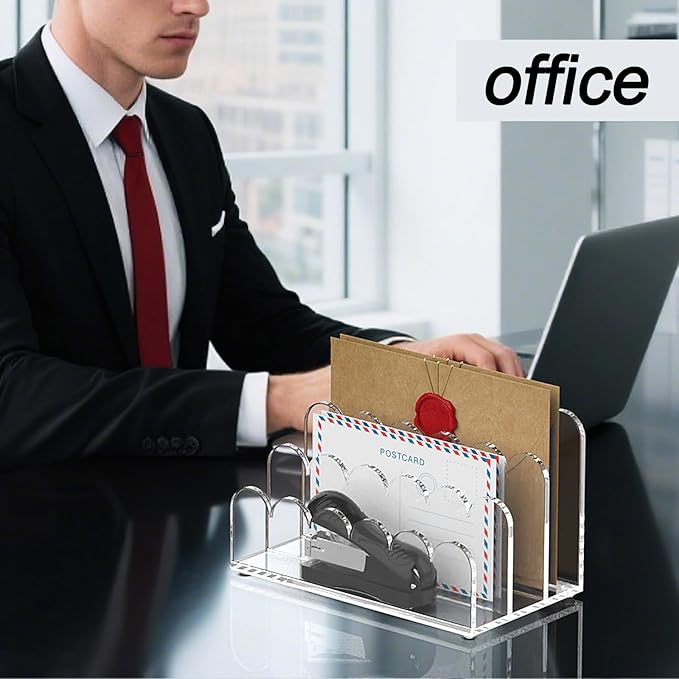 YAGELI 2 Pack 3-Slot Acrylic Mail Organizer for Desktop – Scalloped Clear Document Sorter, Vertical File Holder for Office/Home, Space-Saving Desk Organizer for Letters, Bills, Stationery-DeskLoop Office