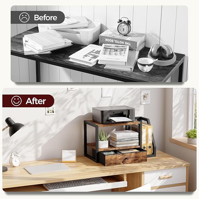 Home Printer Stand for Desk, Desktop Printer Table with Storage Drawer and Side Book Stand, 2-Tier Printer Shelf, Desk Organizer for Home Office, Rustic Brown and Black PTHR3001-DeskLoop Office