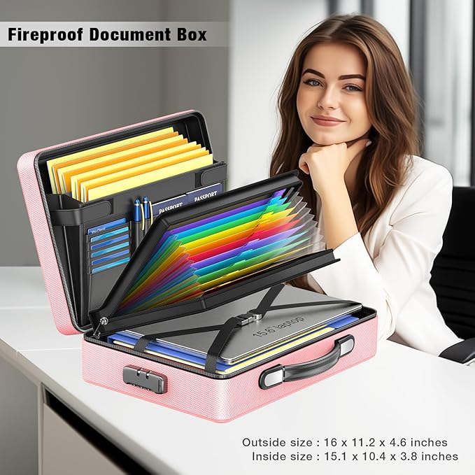 Fireproof Document Box with Fireproof Zipper, Hard Inner Shell Fireproof Document Bag with Lock, Fireproof Water Resistant Important Document Organizer 16 inch Laptop File Briefcase (Pink)-DeskLoop Office