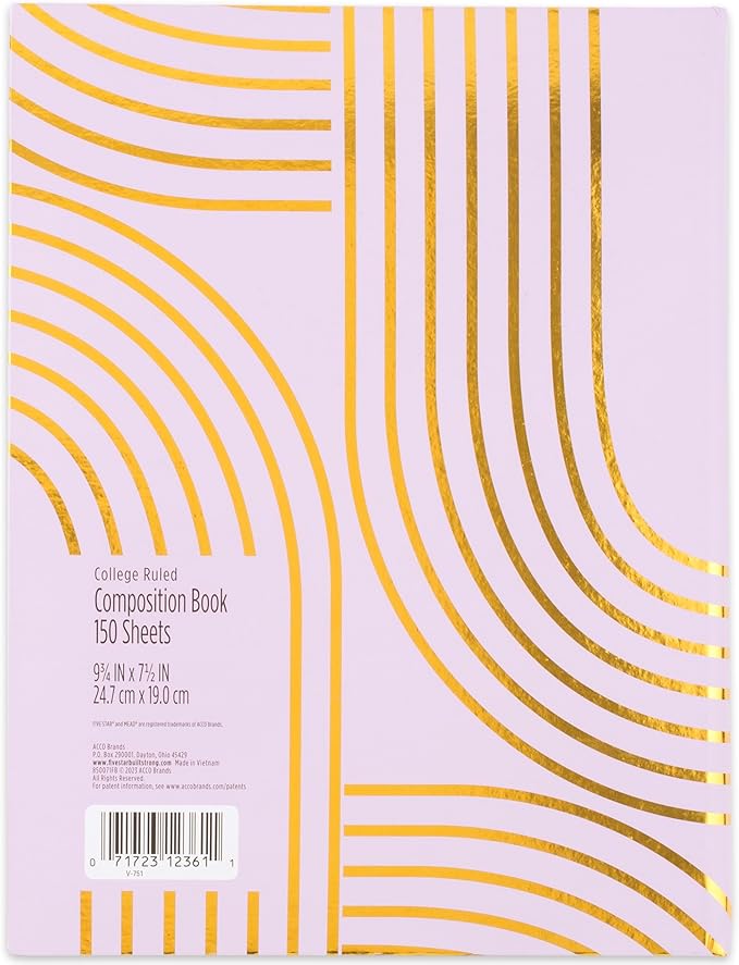 Five Star Composition Book, College Ruled Paper, 7-1/2" x 9-3/4", 80 Sheets, Hardcover, Lilac and Metallic Gold Arches (850111F-AMZ)-DeskLoop Office
