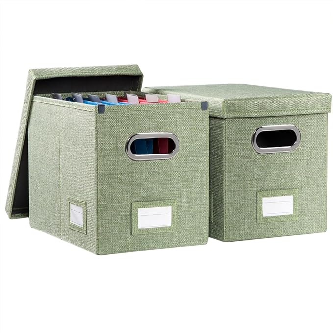 PRANDOM File Organizer Box - Set of 2 Collapsible Decorative Linen Filing Storage Hanging File Folders with Lids Office Cabinet Letter Size Green (14x9.3x10.8 inch)-DeskLoop Office