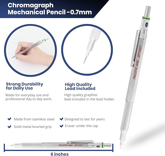Pacific Arc Chromagraph Metal Mechanical Pencil .7 mm Silver Barrel Mechanical Pencil with Built In Lead Pencil Grade Indicator, Lead Pencil Holder for Drafting, Sketching, and Drawing-DeskLoop Office