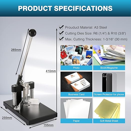 IRONWALLS Corner Rounder Punch Heavy Duty, 1.2”/30mm Thickness Manual Corner Rounder Paper Punch Cutter with R6mm R10mm Interchangeable Dies for Heavy Cardstock, Plastic, Aluminum Sheet-DeskLoop Office