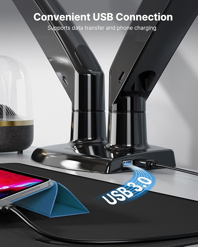 HUANUO Dual Monitor Stand for 13 to 40 inch, Premium Dual Monitor Mount with USB, Height Adjustable Monitor Stand for 2 Monitors, VESA Mount with Clamp/Grommet Base, Each Arm Hold up to 26.4lbs, HNDS7-DeskLoop Office