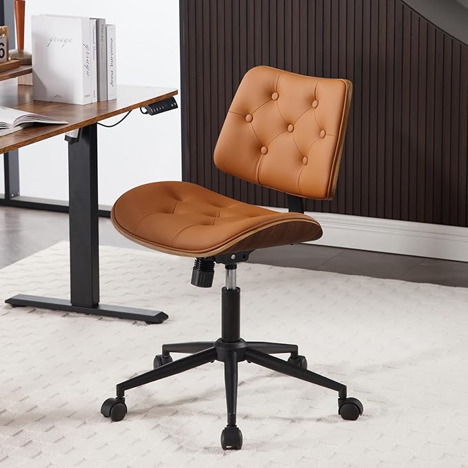 Armless Home Office Chair with Wheels, PU Leather Adjustable Height Computer Desk Chair, 360 Swivel Small No Arms Chair, Modern Button Walnut Style for Office, Reading Meeting Room(Brown)-DeskLoop Office
