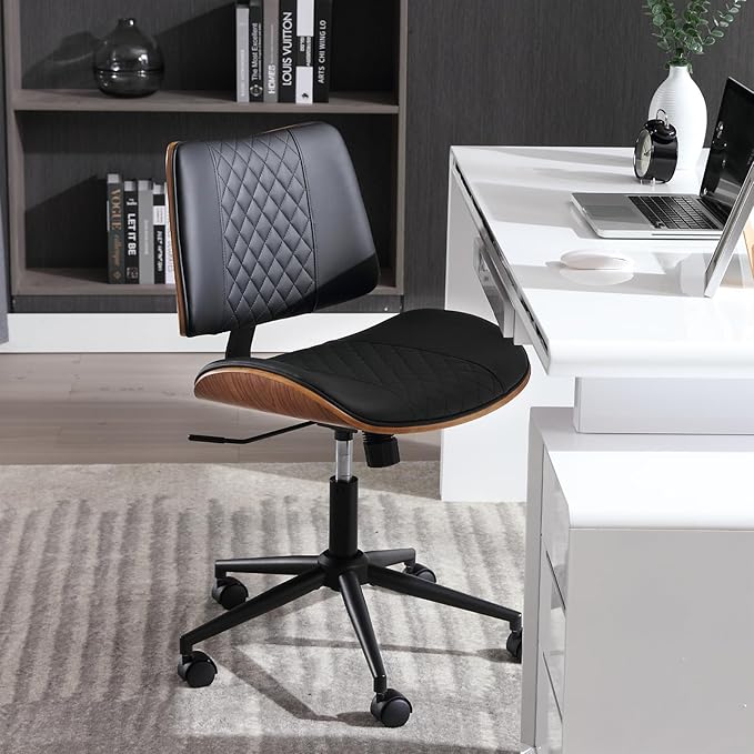 Home Office Chair No Arms with Wheels, Adjustable Height Small Desk Chair, PU Leather Mid Back 360 Swivel Computer Chair, Armless Modern Walnut Chair for Office, Reading Meeting Room(Black)-DeskLoop Office