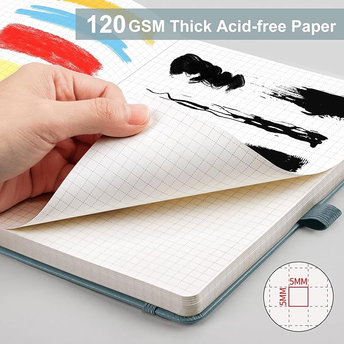 AHGXG Graph Paper Notebook - Grid Notebook Journal A5, 120 GSM Thick Graph Paper, 160 Pages, Leather Hardcover, for Graphing, Writing, Math, Engineering, 5.75'' × 8.38''- Gray Blue-DeskLoop Office