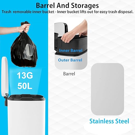 PayLessHere Stainless Steel Trash Can with Lid - Removable Inner Bucket, Foot Pedal Soft Close for Office, Home, Kitchen (White, 13 G)-DeskLoop Office