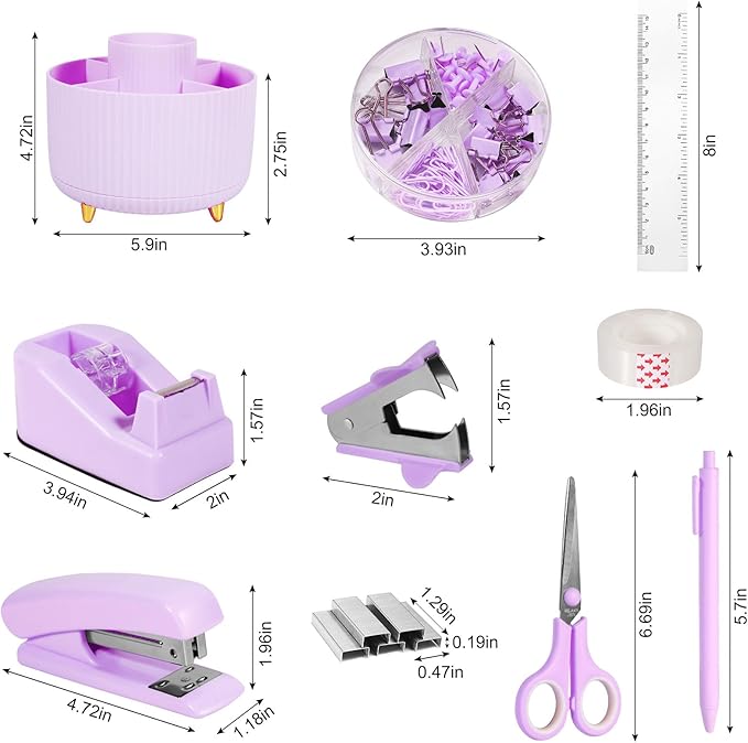 Purple Desk Organizers and Accessories 10Pcs Set with 360-Degree Rotating Pen Holder, Tape Dispenser, Stapler, Staple Remover, 1000 Staples, Tape, Clips Set, Ruler, Scissor, Pen (Purple)-DeskLoop Office