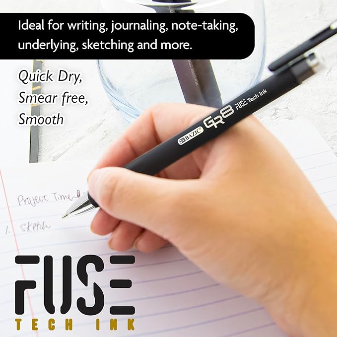 BAZIC Oil Gel Fuse Tech Ink Pen, GR8 Black Color w/Rubberized Barrel, 0.7 mm Medium Point Smooth Writing, for Office School (3/Pack), 24-Pack-DeskLoop Office