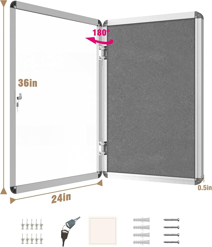 36"x24" Enclosed Bulletin Board, Lockable Weather-Resistant Aluminum Cork Noticeboard for School & Office, Silver Frame w/Grey Flet-DeskLoop Office
